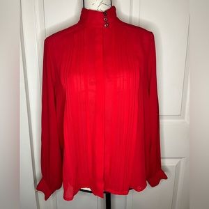 Reformation Pleated High Neck Blouse Button Red Recycled Medium Large Career